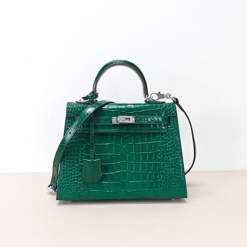 Women's Crocodile Pattern Kelly Fashion Genuine Leather Handbags