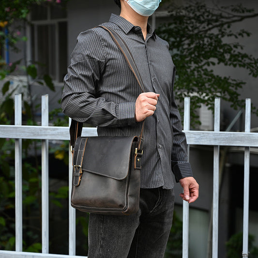Men's Leather Crazy Horse Flap Top Layer Men's Shoulder Bags