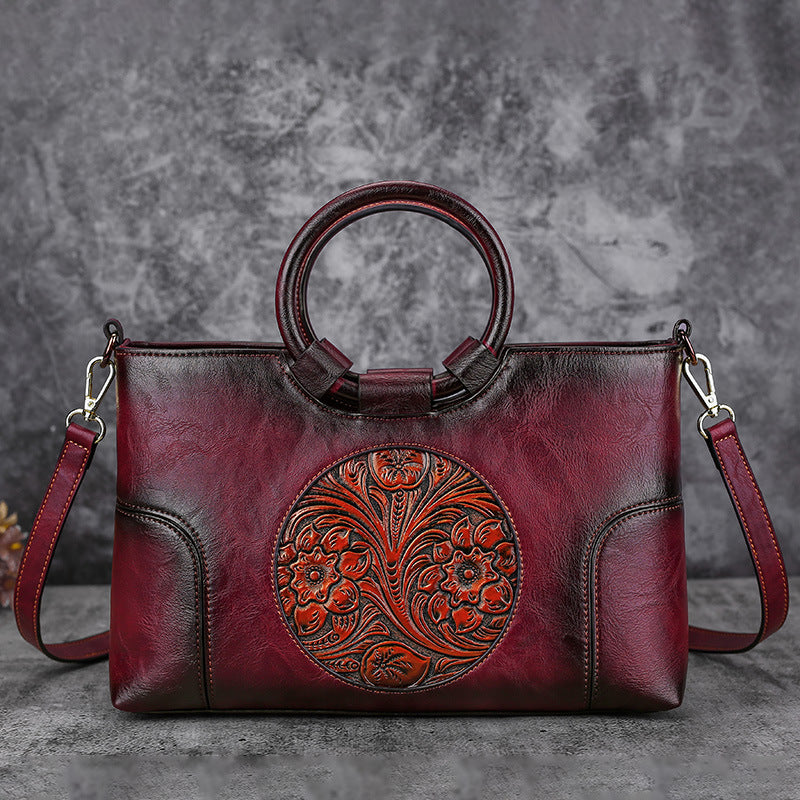 Women's Elegant Vintage Leather Floral Pattern Shoulder Bags