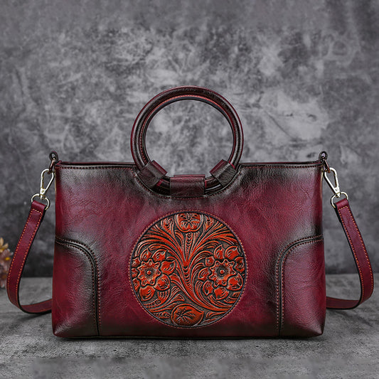 Women's Elegant Vintage Leather Floral Pattern Shoulder Bags