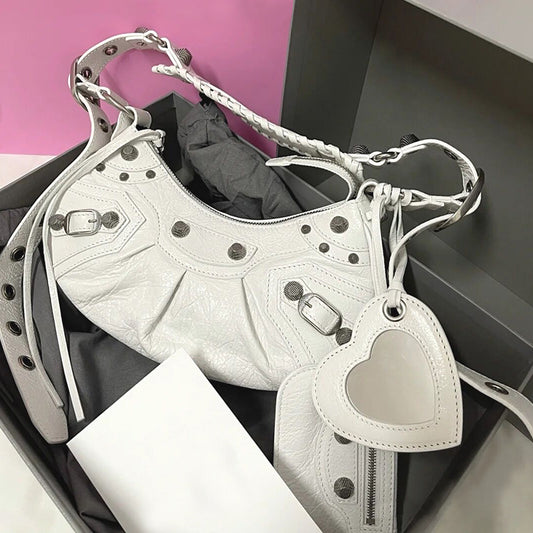 Women's Three-in-one Motorcycle High Quality Rivet Pleated Oil Wax Crossbody Bags