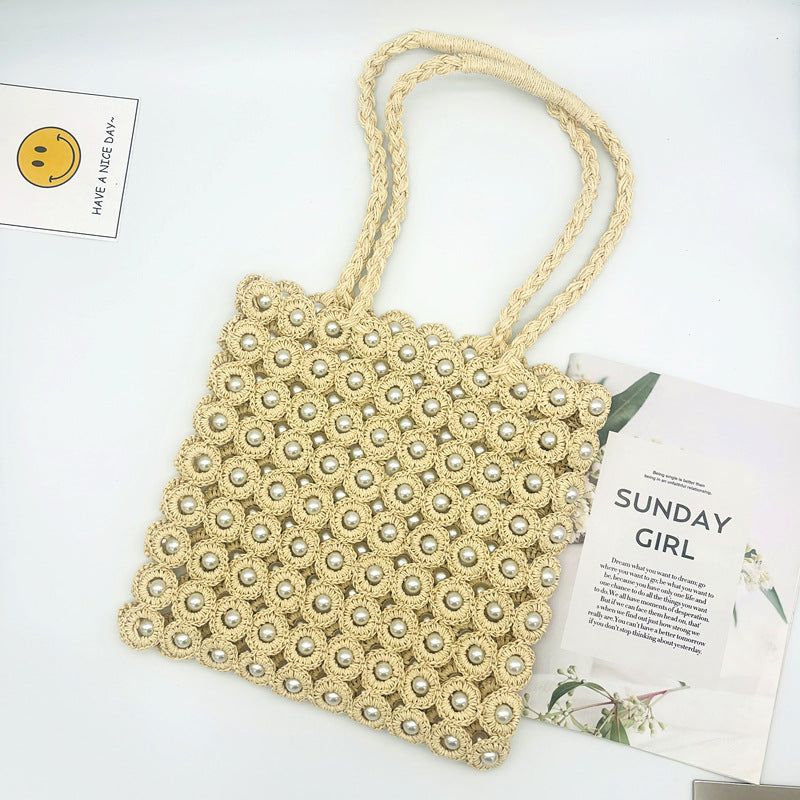 Women's Pearl Inlaid Woven Shopping Straw Summer Shoulder Bags