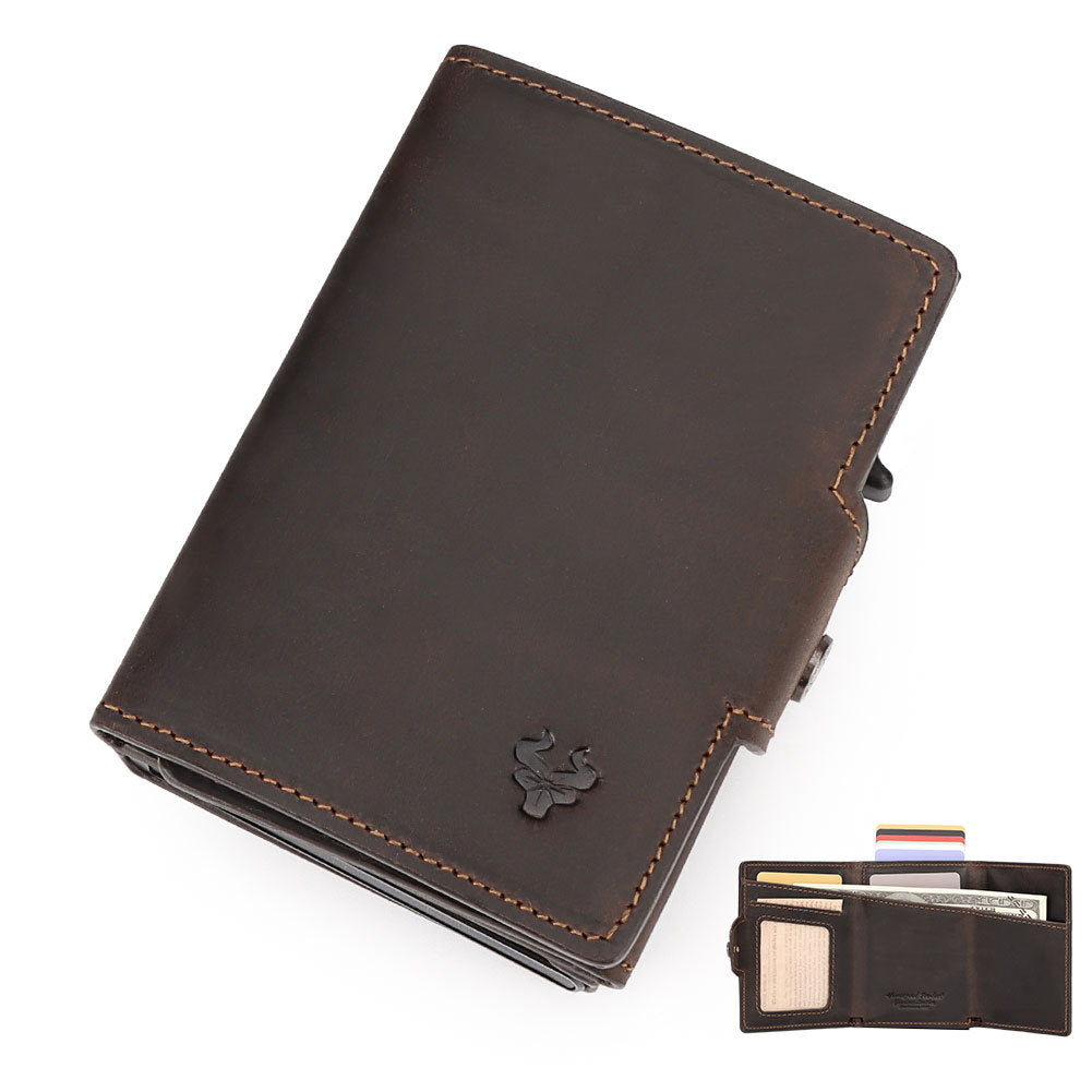 Oil Wax Crazy Horse Leather Pocket Automatic Card Holder