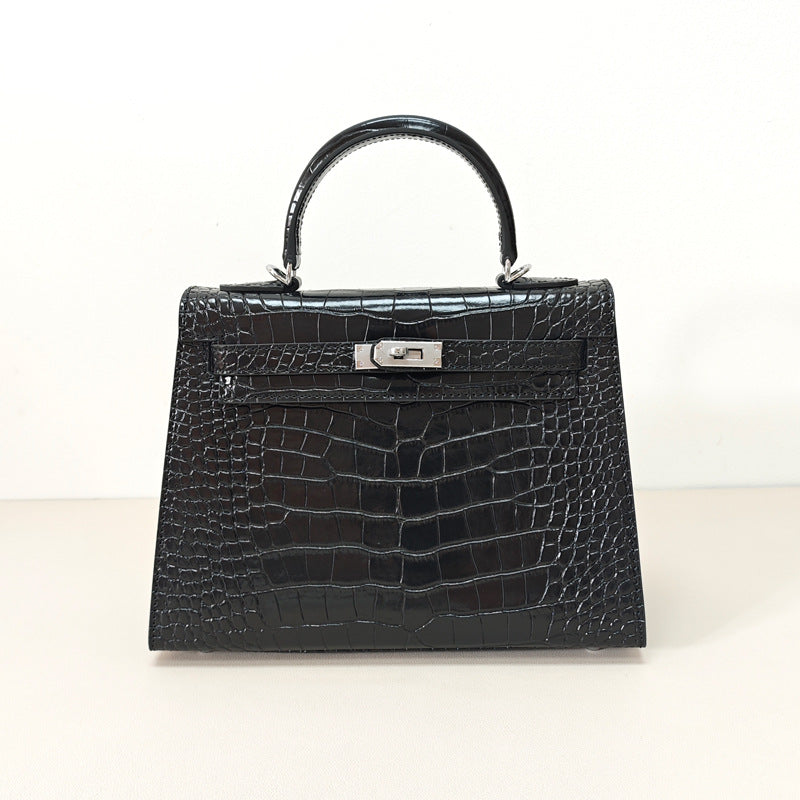 Women's Crocodile Pattern Kelly Fashion Genuine Leather Handbags