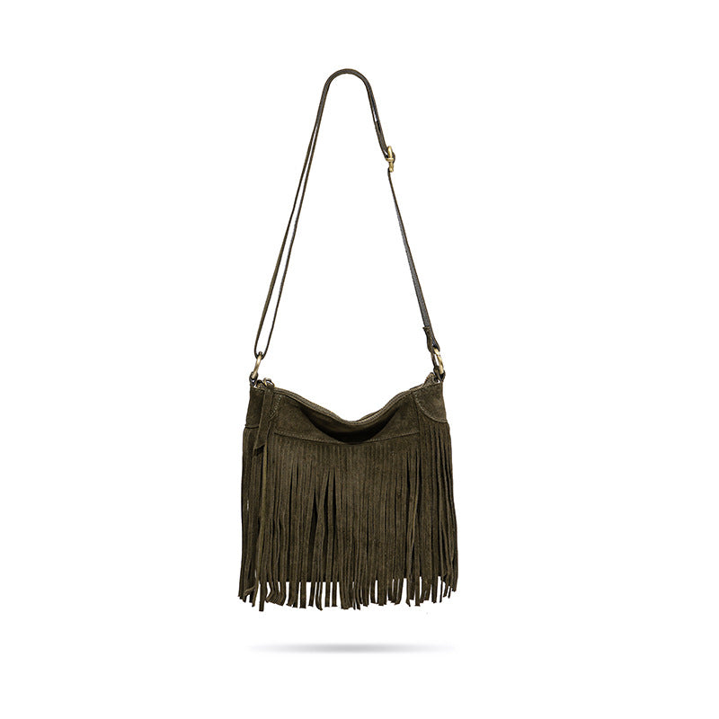 Tassel Niche Frosted Cowhide Retro Genuine Crossbody Bags