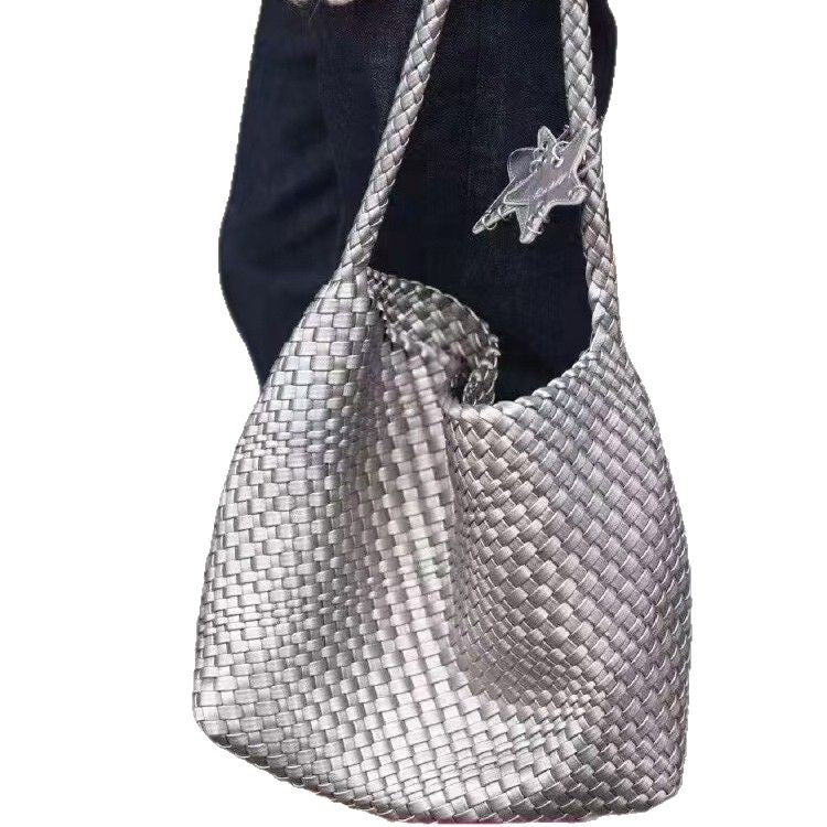 Women's Champagne Cowhide Woven Large Capacity Commuter Tote Bags