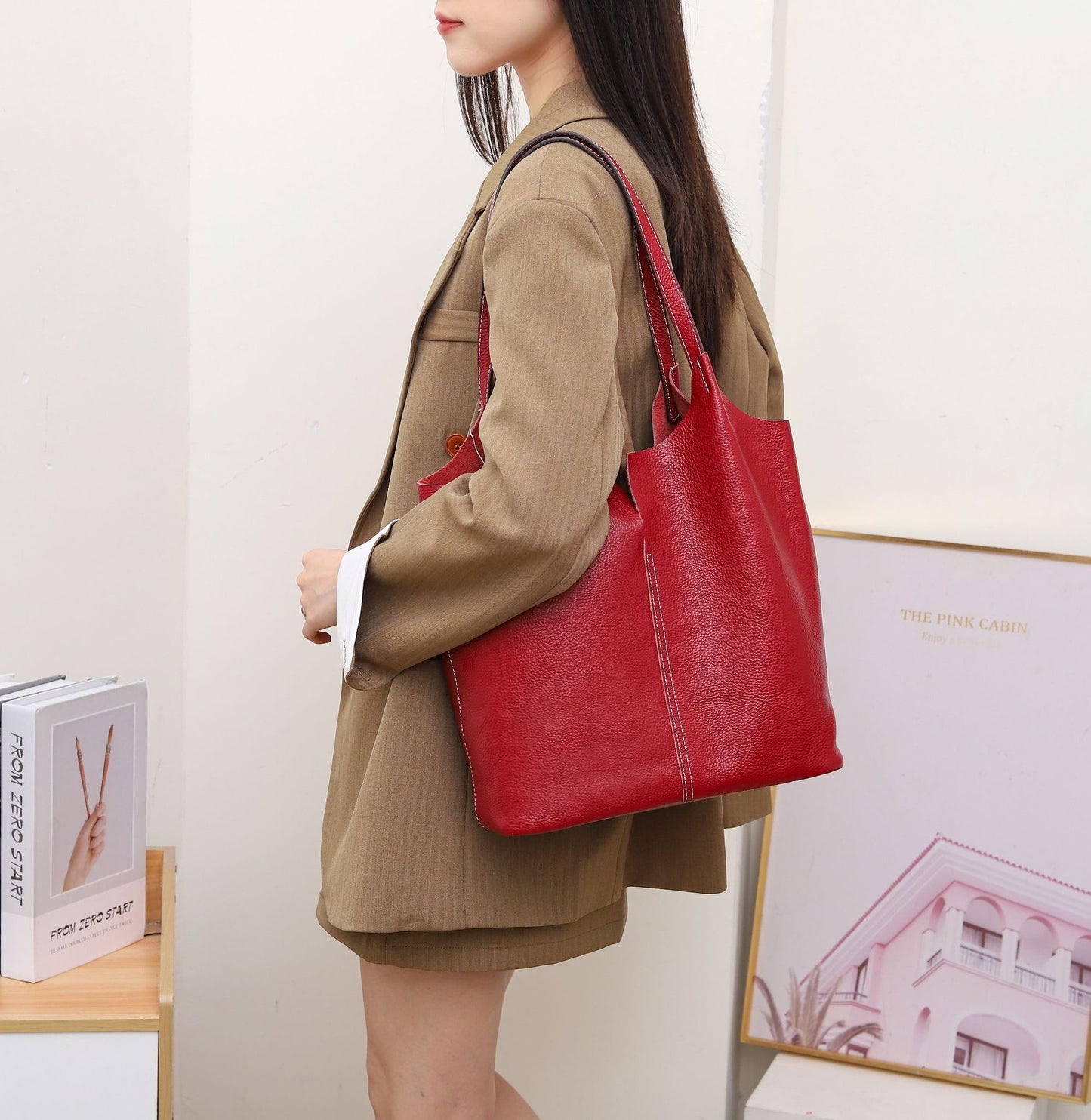 Big Litchi Pattern First Layer Cowhide Shoulder Bags