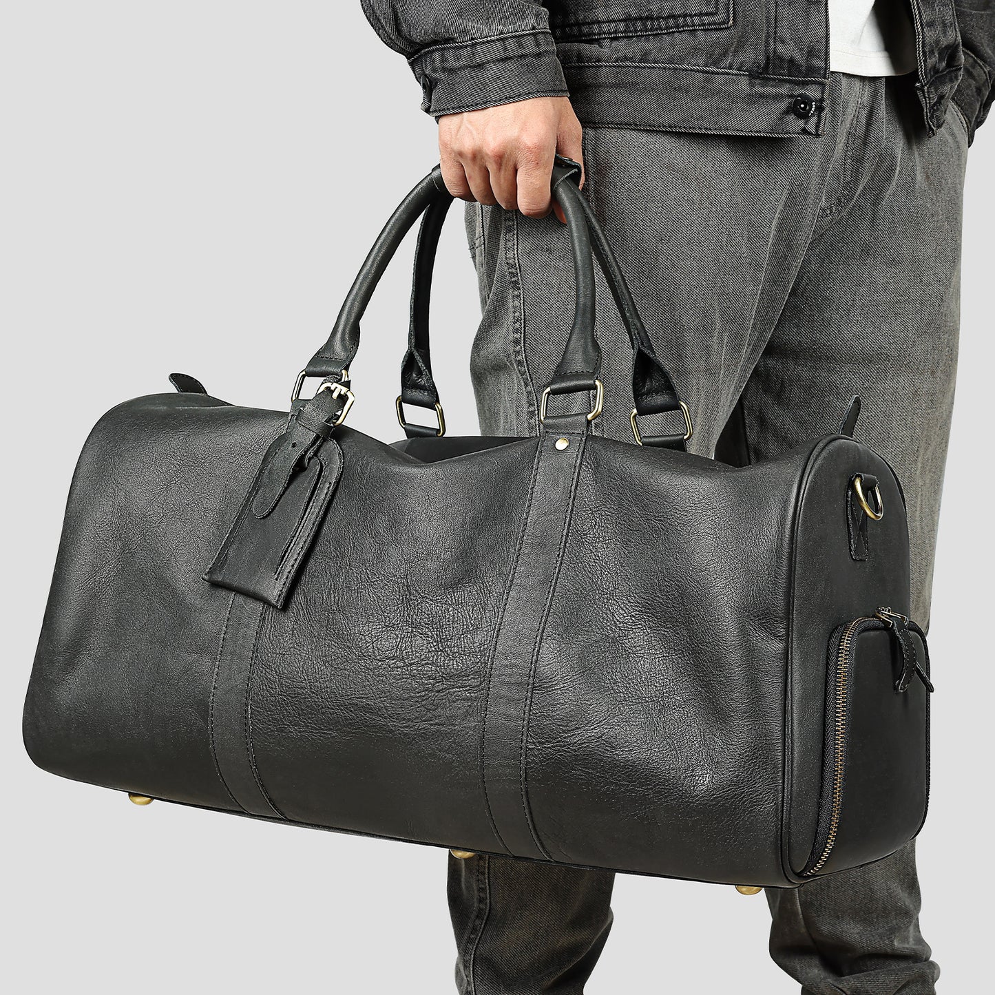 Men's Traveling Black With Shoe Position Cowhide Travel Bags