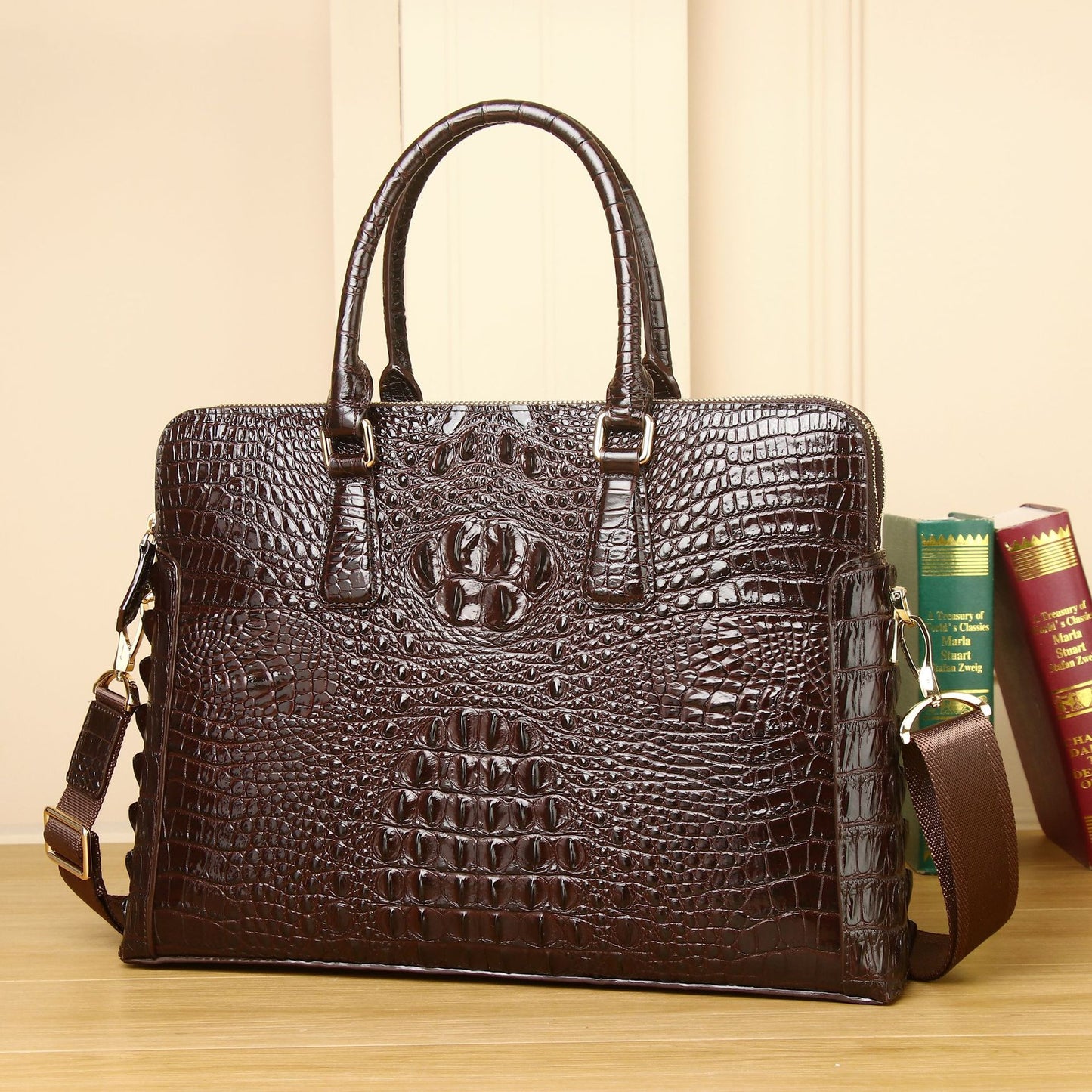 Men's Crocodile Pattern Double Layer Zipper Business Men's Briefcases