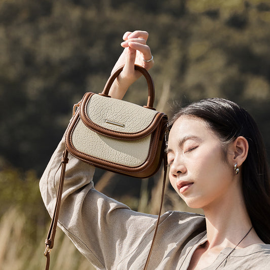 Women's Contrast Color Saddle Genuine Leather Handbags