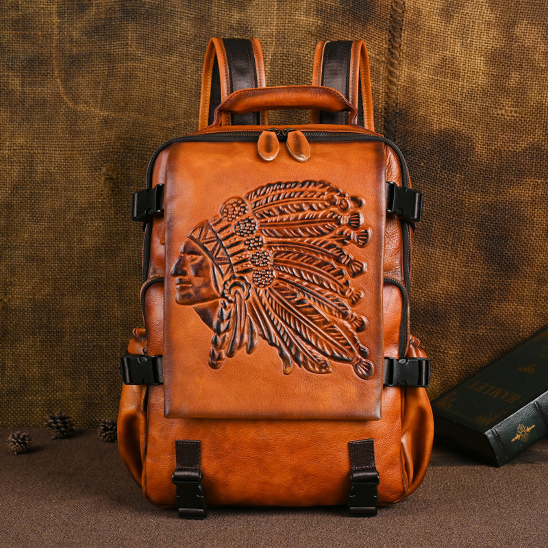 Men's Old First Layer Leather Embossing Brush-off Backpacks