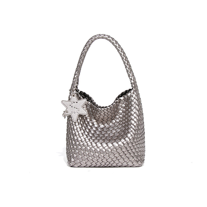 Women's Live Broadcast Champagne Gold Woven Large Shoulder Bags
