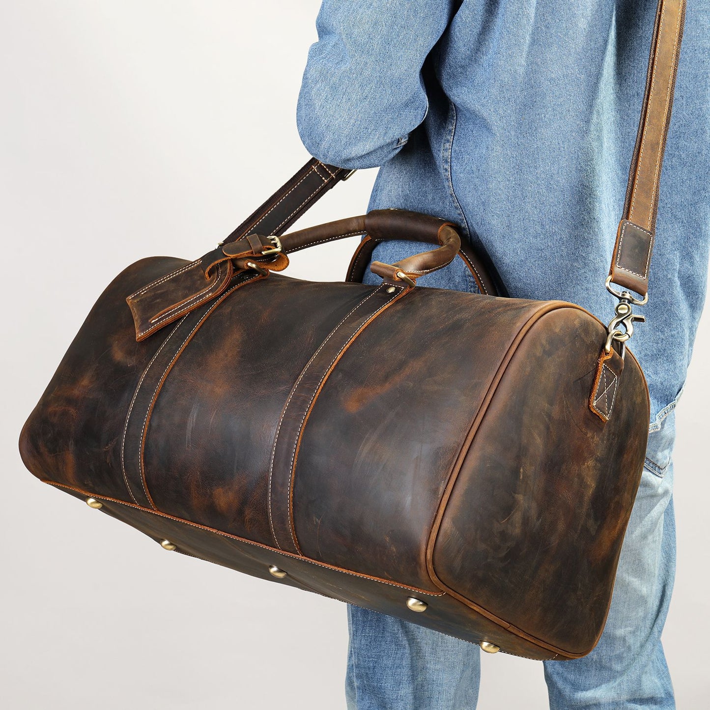 Men's Crazy Horse Leather Large Capacity Independent Shoe Warehouse Travel Bags