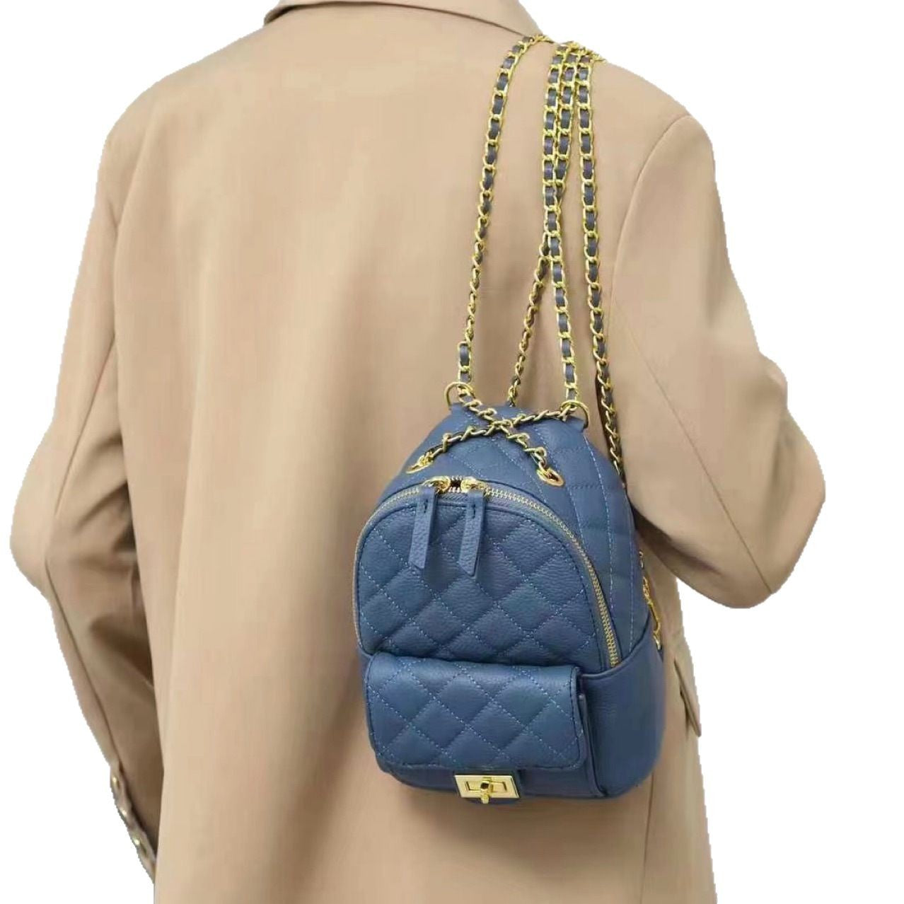 Women's First Layer Cowhide Leather Rhombus Chain Backpacks