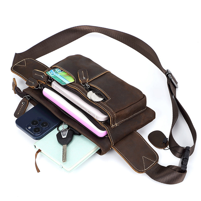 Men's Retro Leather Pocket Pouch Cowhide Motorcycle Men's Chest Bags