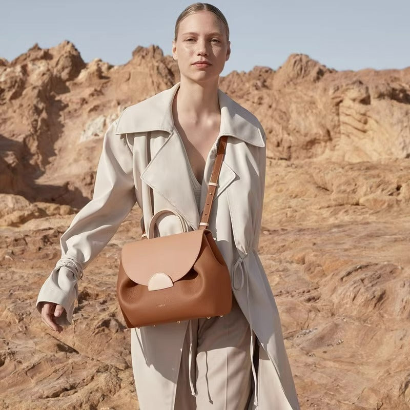 French Design Camel Lychee Cowhide Stitching Bags