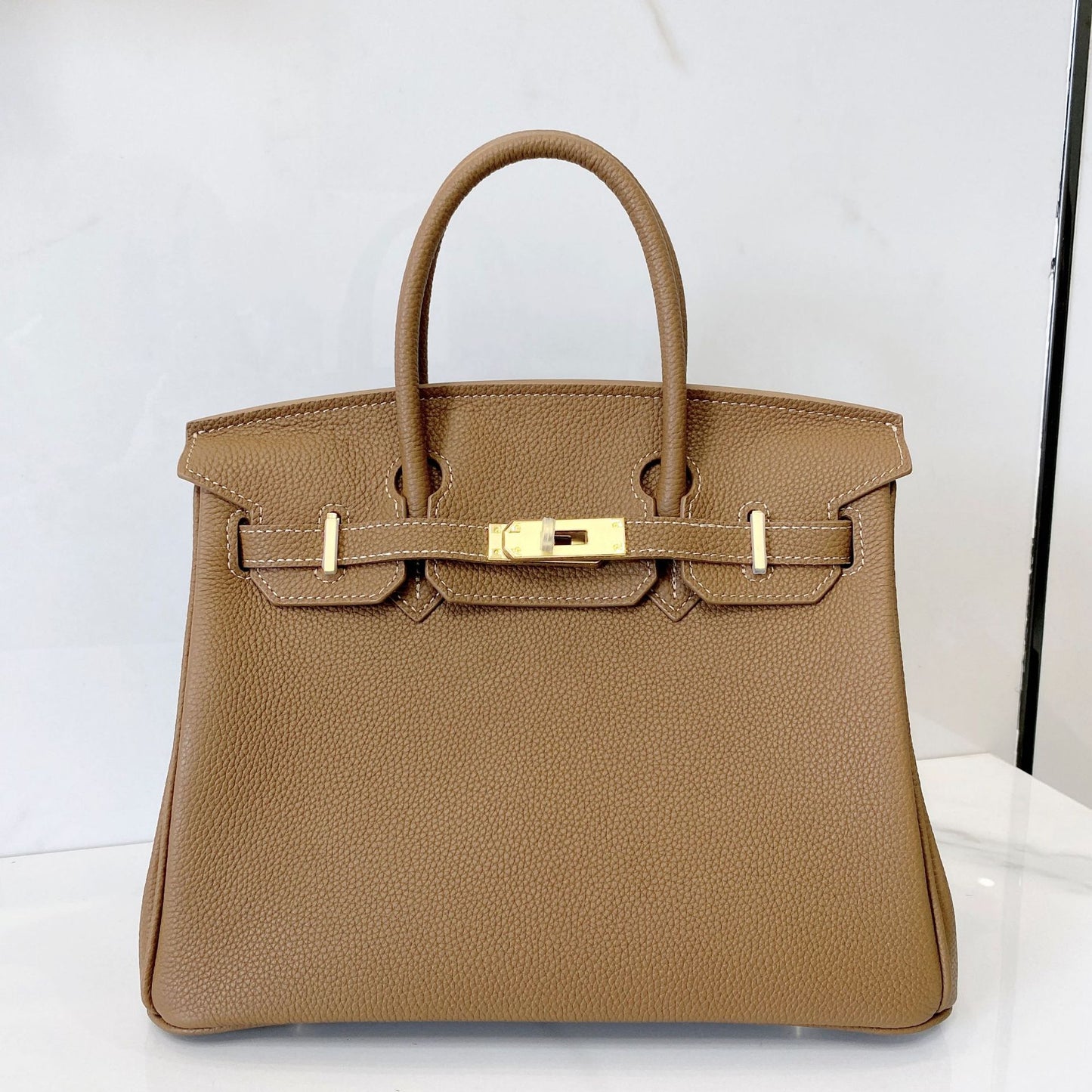 Women's First Layer Cowhide Lychee Pattern Gold Genuine Handbags