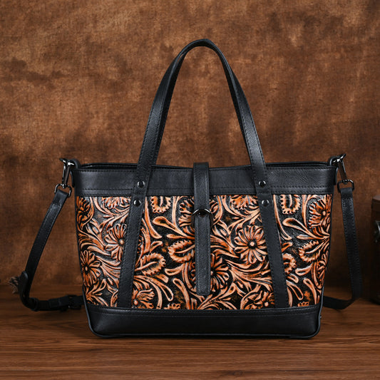 Women's Layer Cowhide Hand Carved Vintage Large Tote Bags