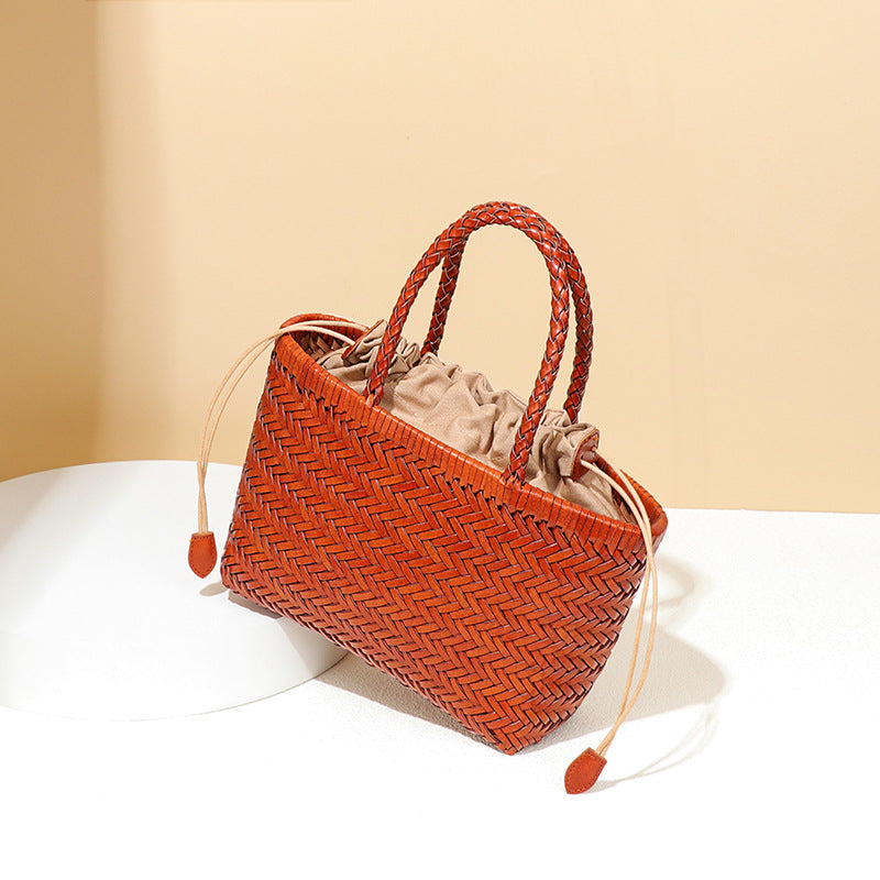 Women's French Food Basket Woven First Layer Cowhide Tote Bags