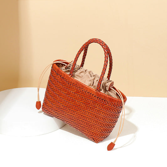 Women's French Food Basket Woven First Layer Cowhide Tote Bags