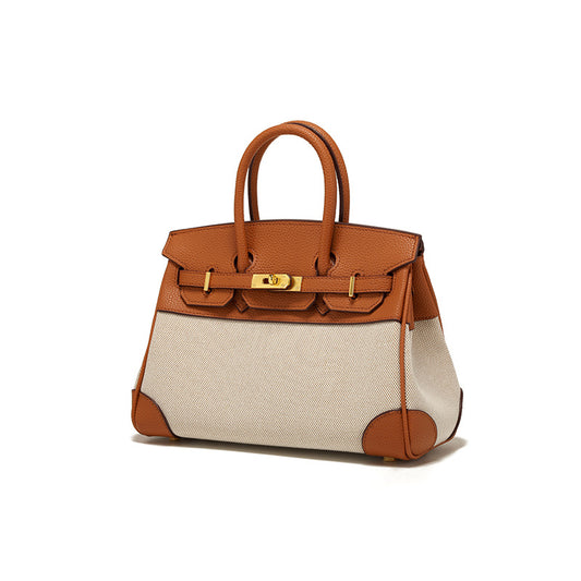 Women's Spring Design Leather With Canvas Contrast Shoulder Bags