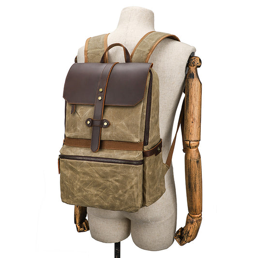 Men's Waterproof Waxed Canvas Crazy Horse Leather Retro Backpacks
