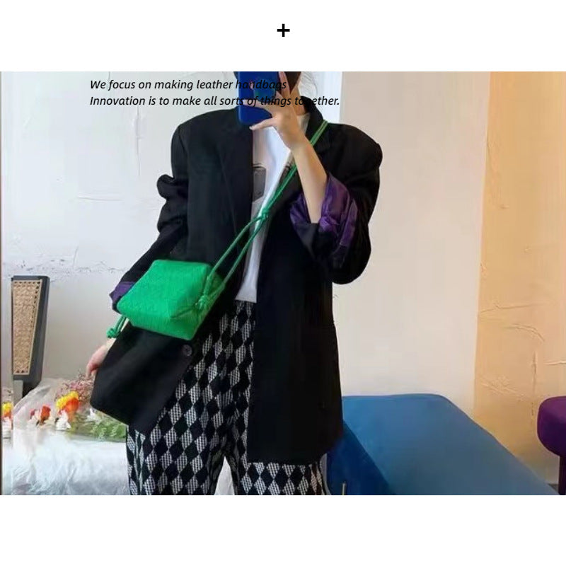 Women's Genuine Leather Cowhide Woven Lunch Box Shoulder Bags