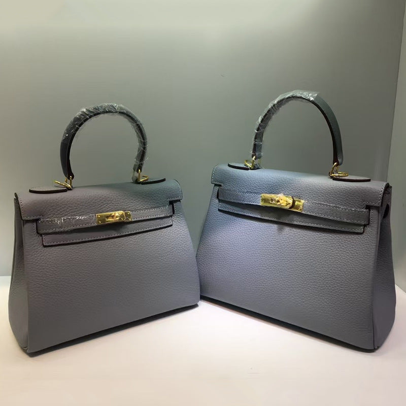Women's Litchi Pattern First Layer Cowhide Kelly Handbags