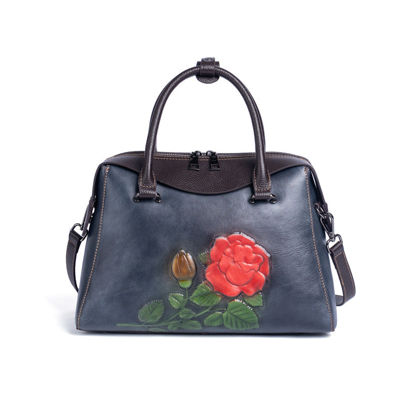 Women's First Layer Cowhide Retro Style Embossed Color Bags