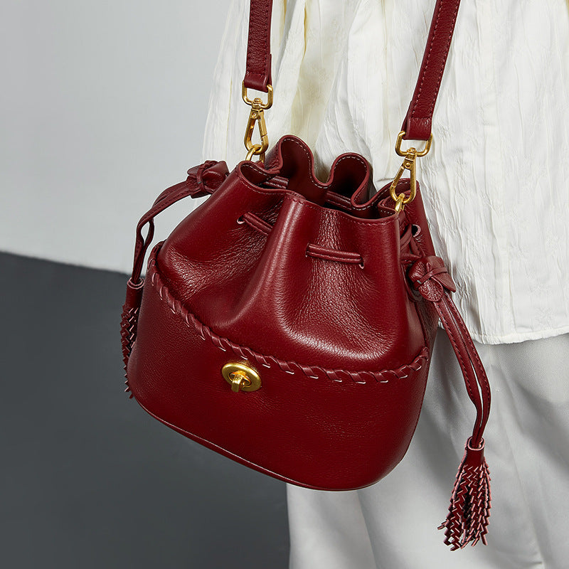 Women's High-grade First Layer Cowhide Genuine Leather Bucket Bags