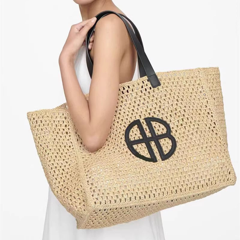 Sign Straw Woven Beach Black Strap Bags