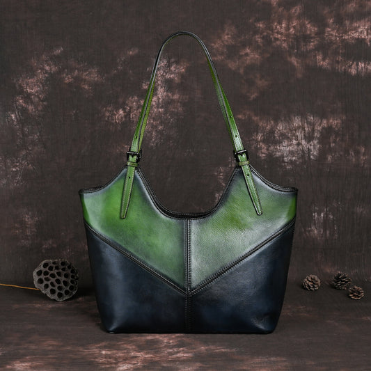 Women's Leather Contrast Color Handmade Large Capacity Shoulder Bags