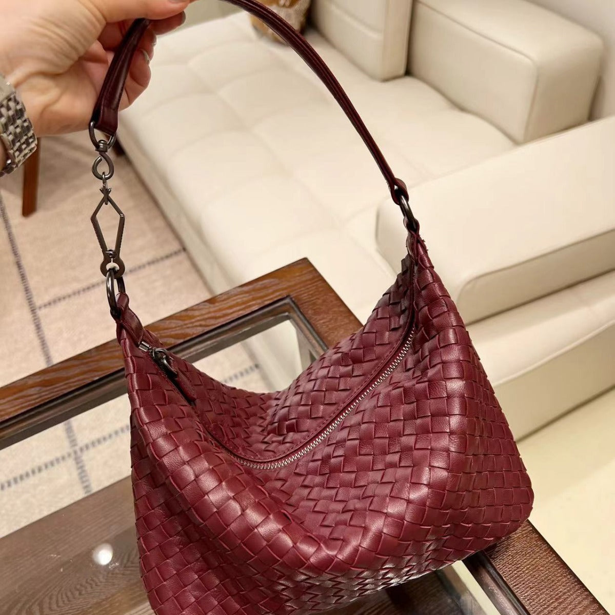 Women's Luxury Moon Fashion Genuine Leather Woven Portable Large Shoulder Bags
