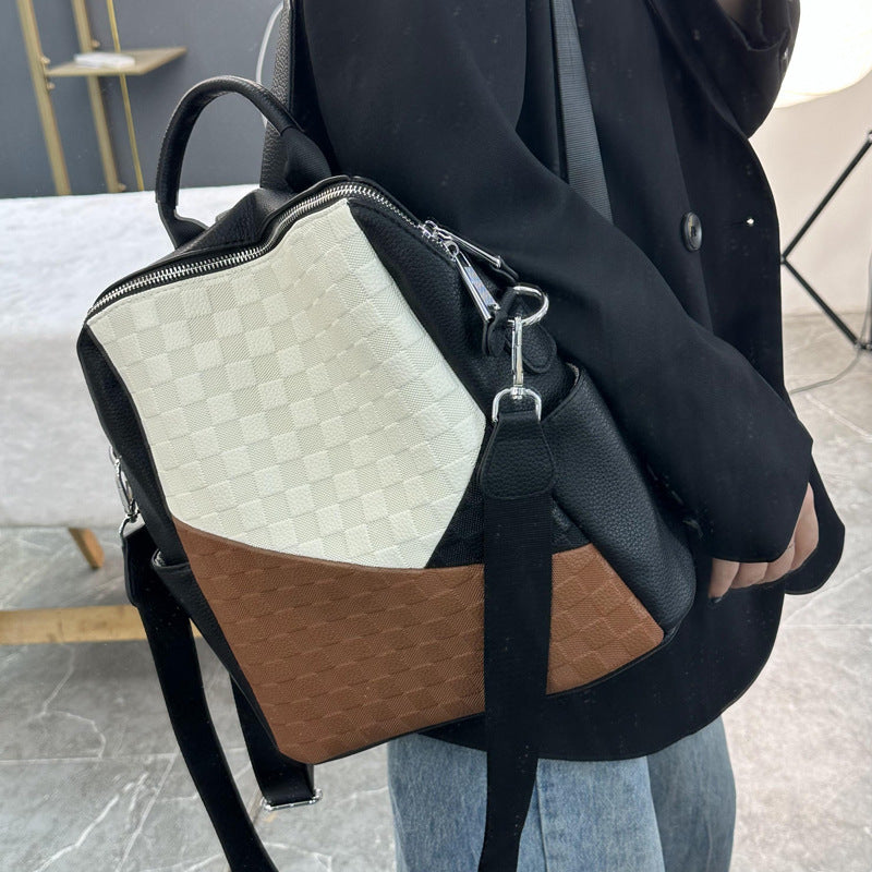 Women's Chessboard Plaid Soft Leather High-grade Fashion Backpacks