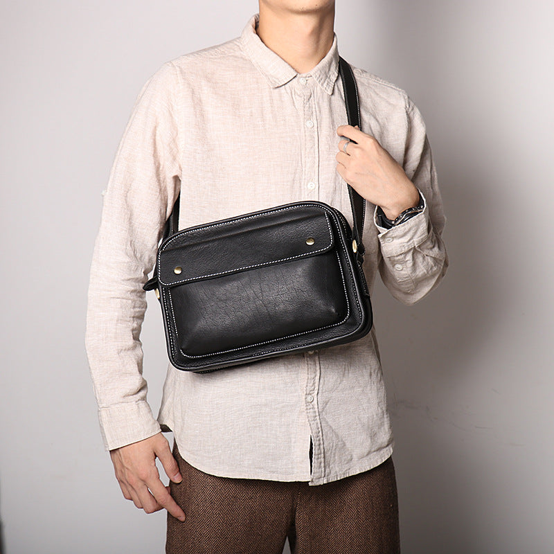 Men's Cowhide Simple Crazy Horse Leather Small Square Bags
