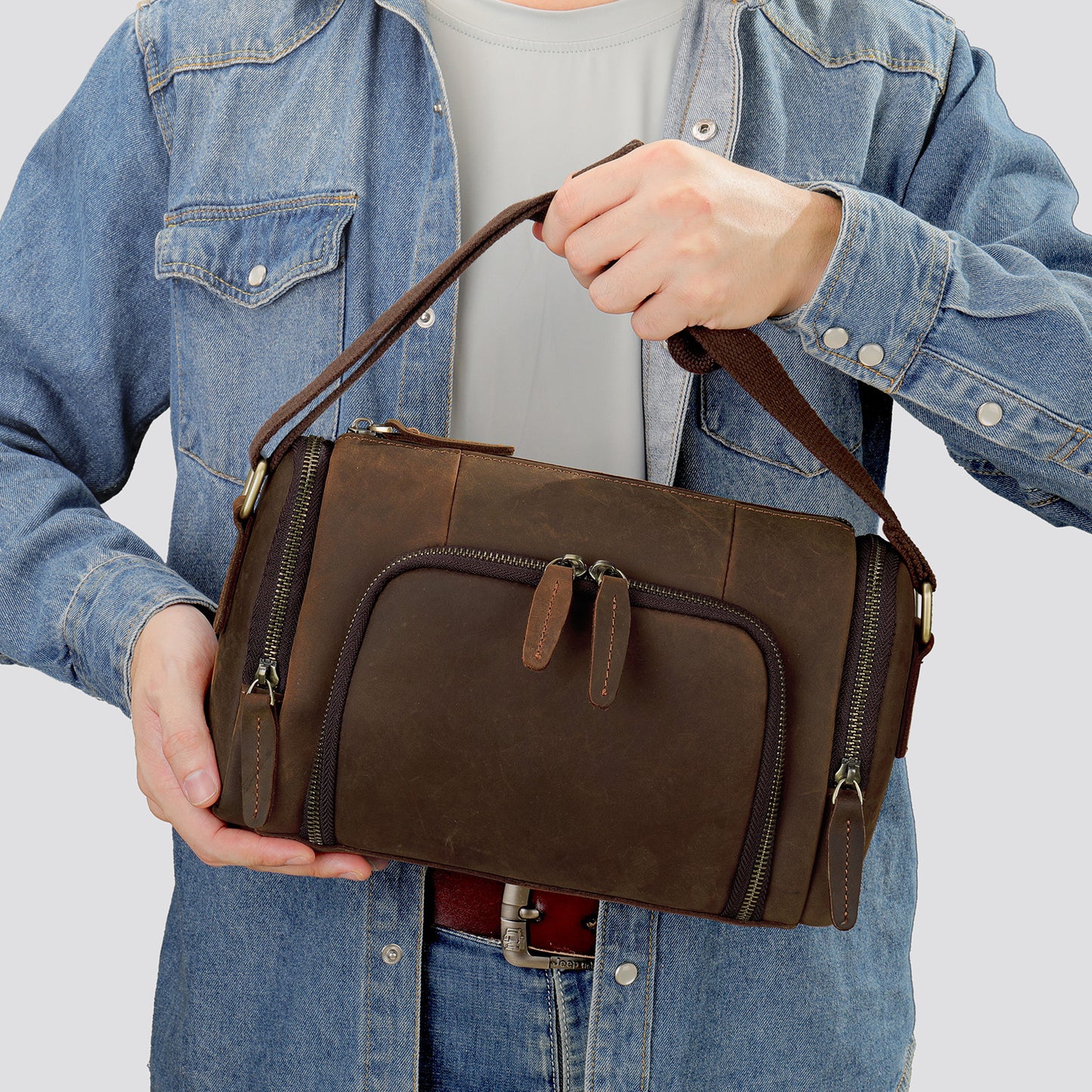 Men's Horizontal Round Crazy Horse Leather Genuine Men's Shoulder Bags