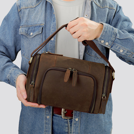 Men's Horizontal Round Crazy Horse Leather Genuine Men's Shoulder Bags