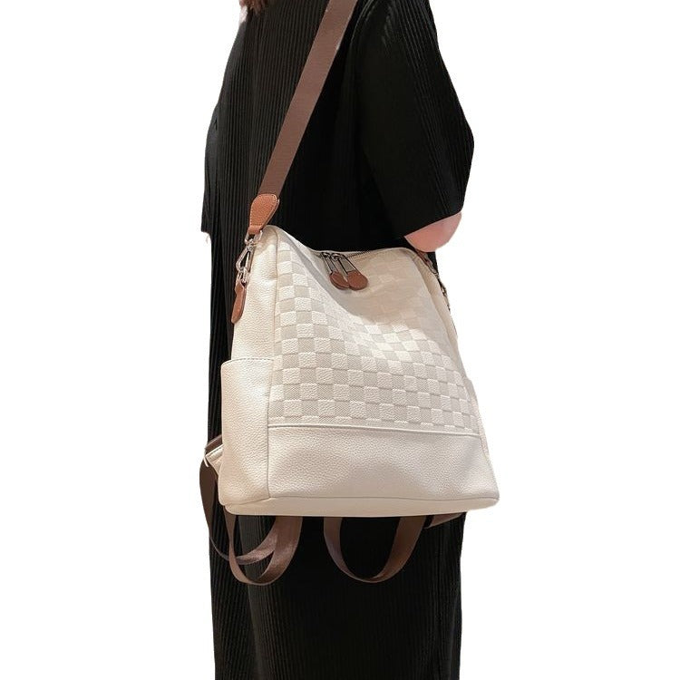 Women's Chessboard Plaid Soft Leather High-grade Fashion Backpacks