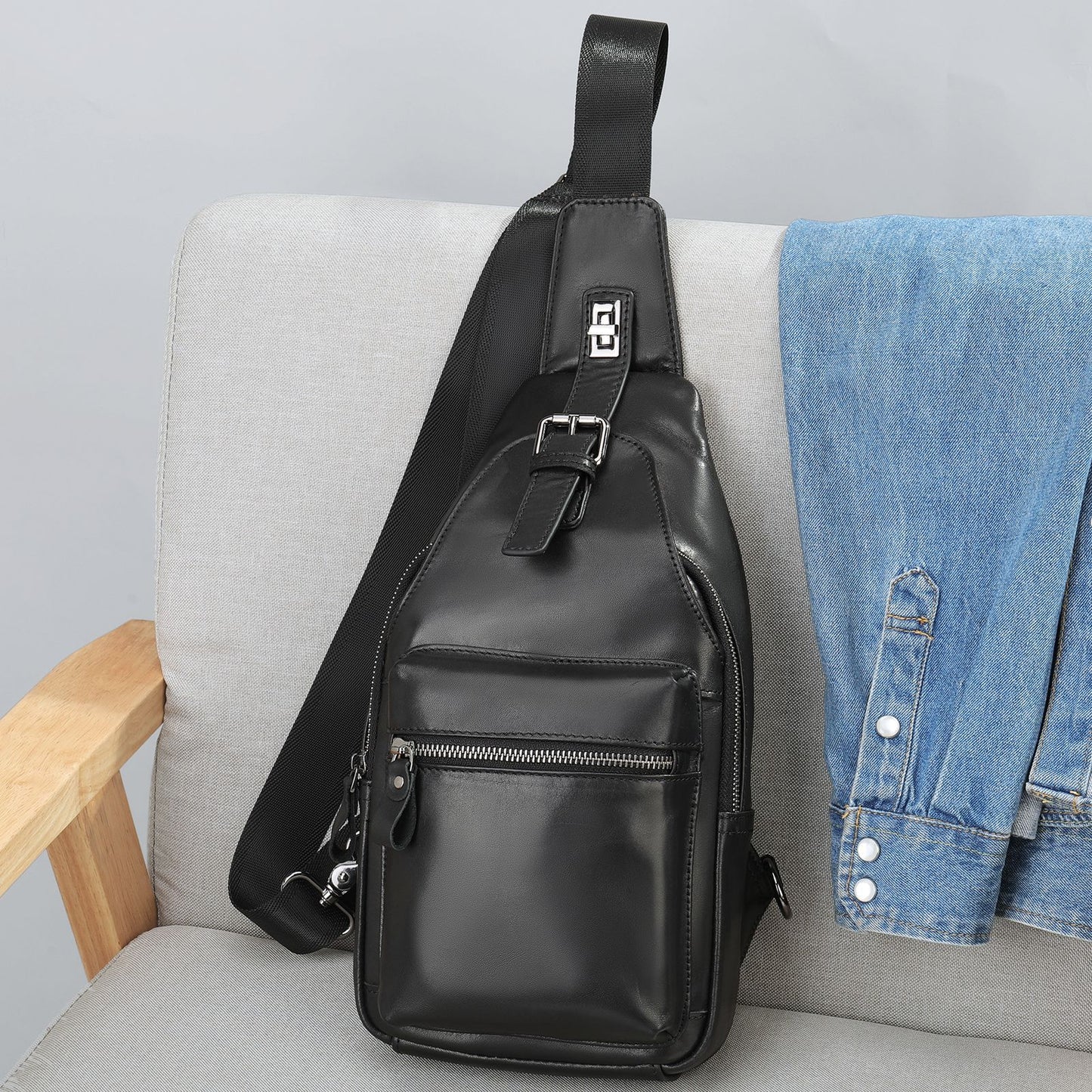 Men's First Layer Cowhide Genuine Leather Simple Men's Chest Bags