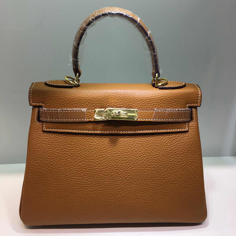 Women's Litchi Pattern First Layer Cowhide Kelly Handbags