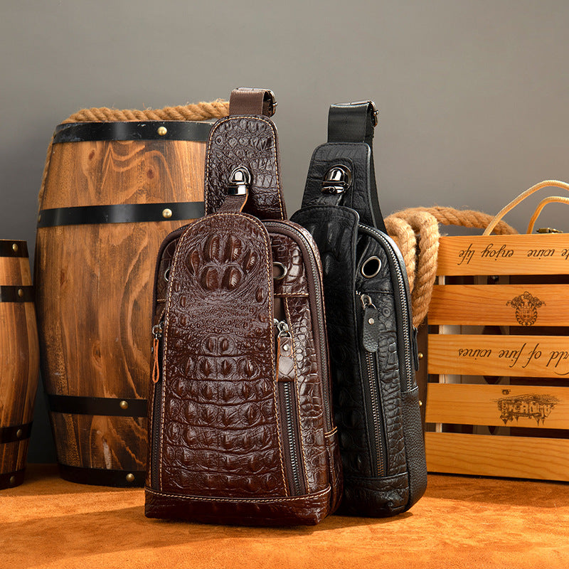 Men's Crocodile Pattern Cowhide Genuine Leather Trendy Men's Chest Bags