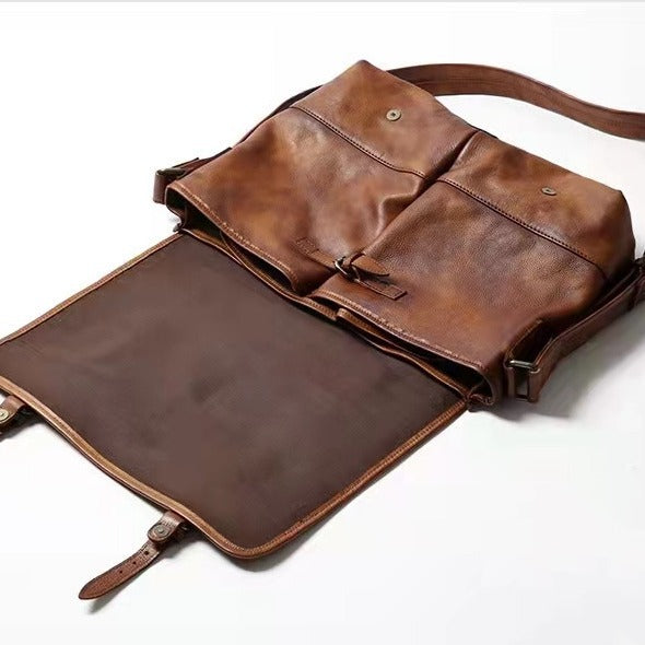 Men's Retro Cowhide Commuter Portable Green Motorcycle Men's Messenger Bags