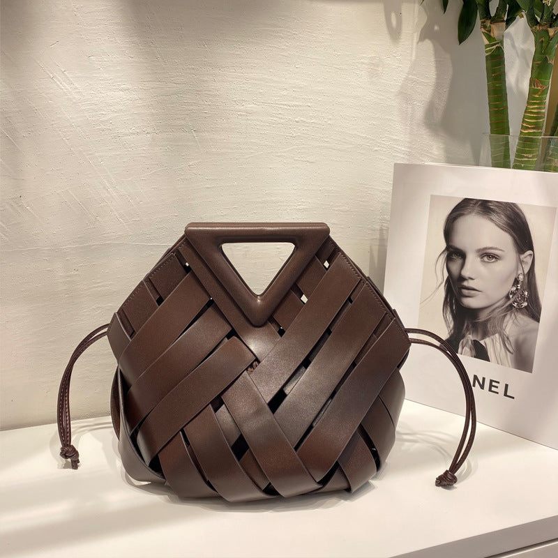 Women's Design Cowhide Inverted Triangle Woven Hollow Shoulder Bags