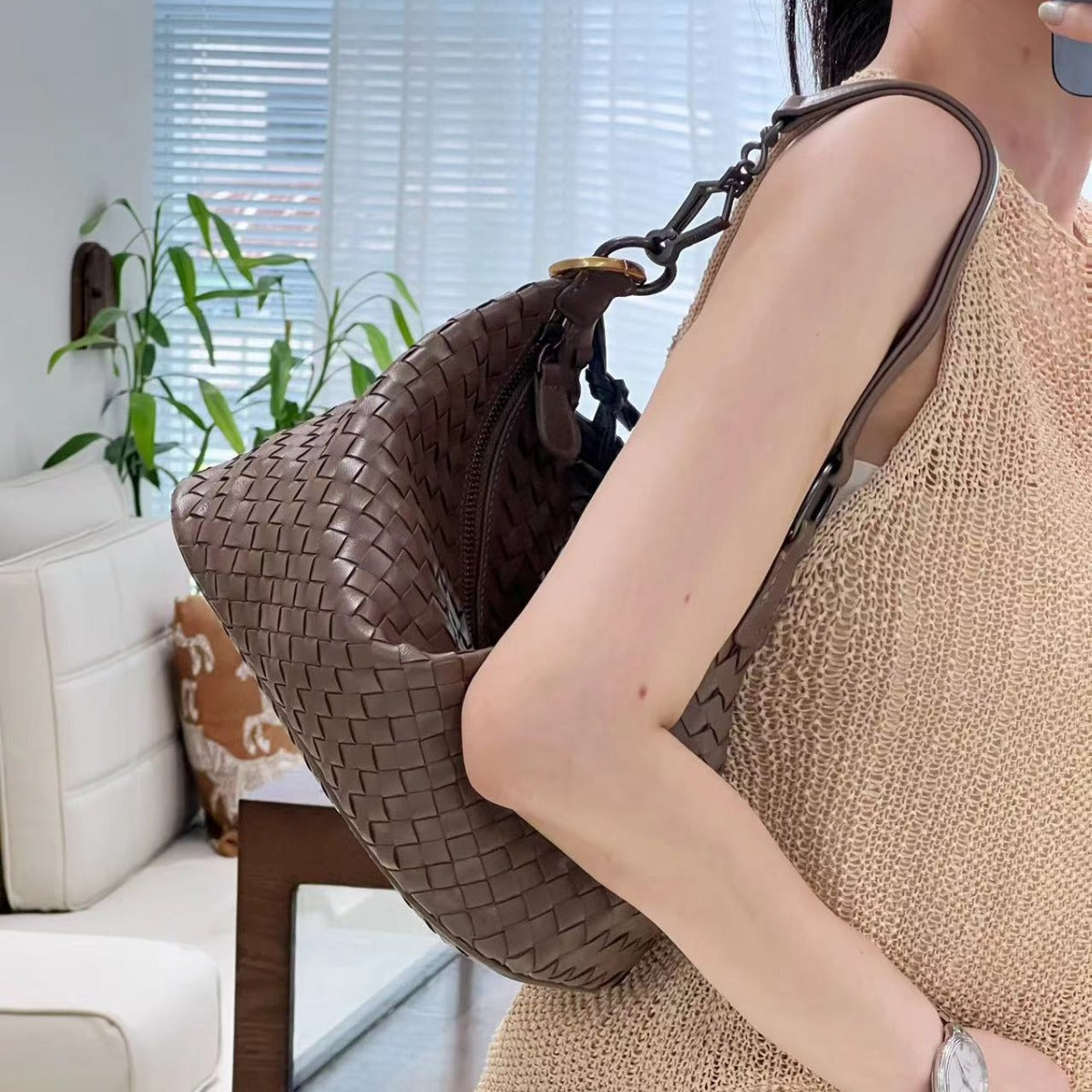 Women's Luxury Moon Fashion Genuine Leather Woven Portable Large Shoulder Bags
