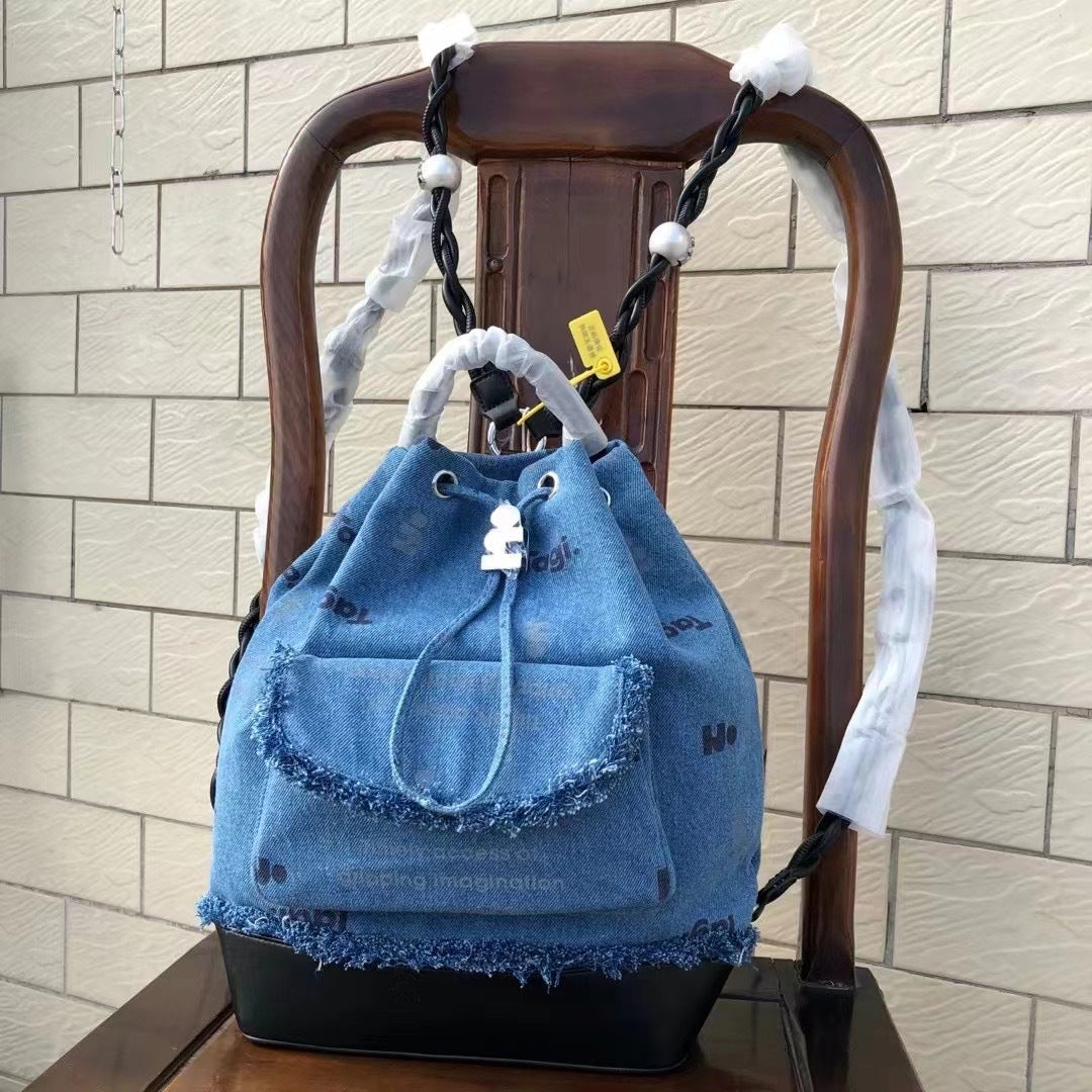 College Large Painter Denim Pearl Drawstring Backpacks