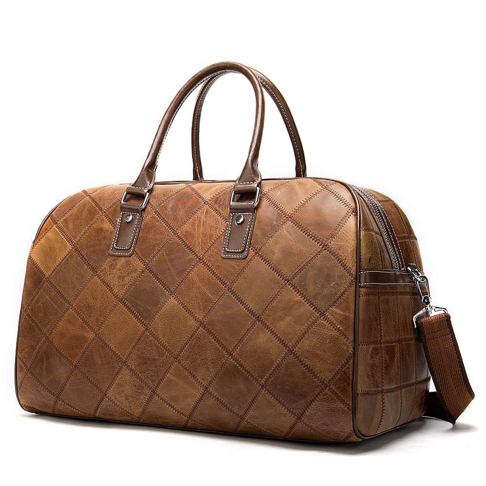 Men's Leather First Layer Cowhide Plaid Retro Travel Bags