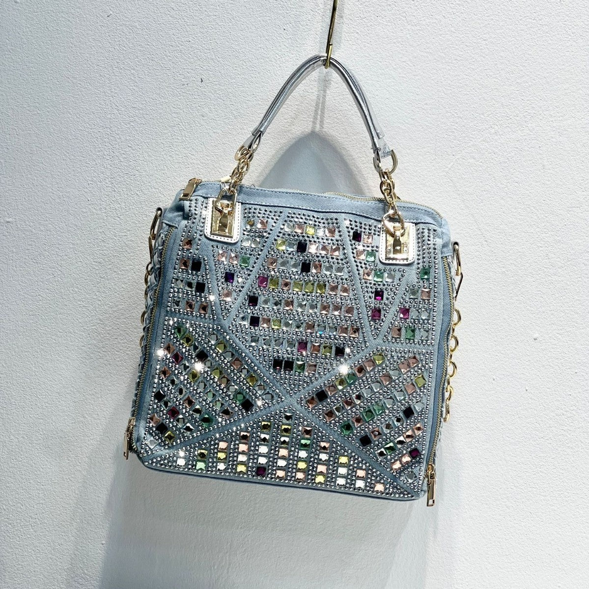 Women's Fashion Rhinestone Denim Diamond Woven Large Tote Bags