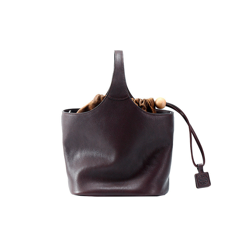 Women's Leather Vintage Genuine Flower Basket Commuter Bucket Bags