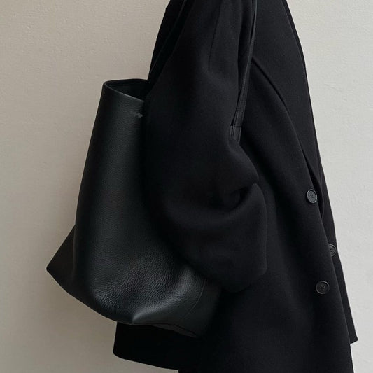 Leather First Layer Cowhide Lychee Pattern Bucket Bags