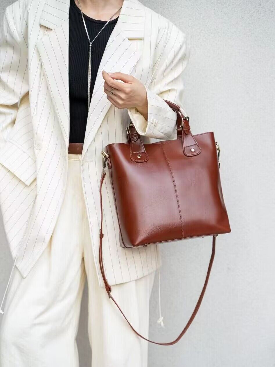 Women's Classic Vegetable Basket Genuine Leather Large Capacity Bucket Bags